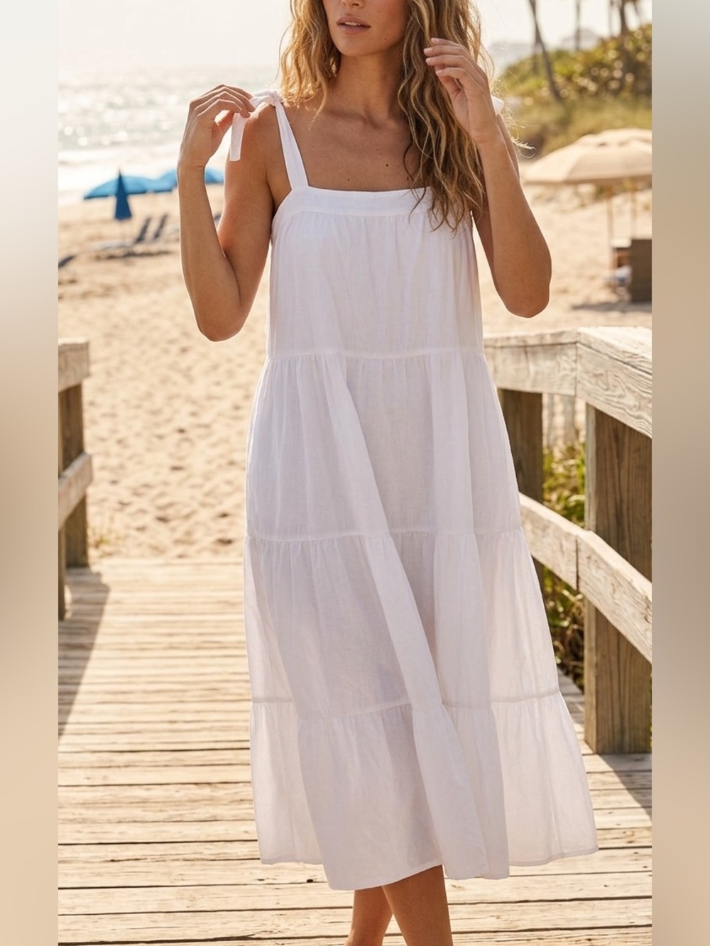 ELEGANT White Sleeveless Midi Dress with Tie Straps